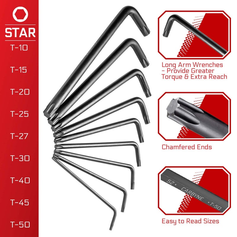 Carbyne 9-Piece Long Arm Torx Wrench Set (Torx Key Set/Star Wrench Set). Includes T-10 to T-50. Heat Treated S2 Steel - Image 3